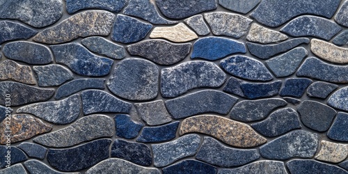 Elegant wave pattern of dark blue stones on a textured wall with ample empty space for customizable text or branding elements photo