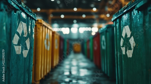 A vibrant display of colorful recycling bins in a spacious industrial setting, promoting diverse waste segregation and encouraging community participation in environmental responsibility.