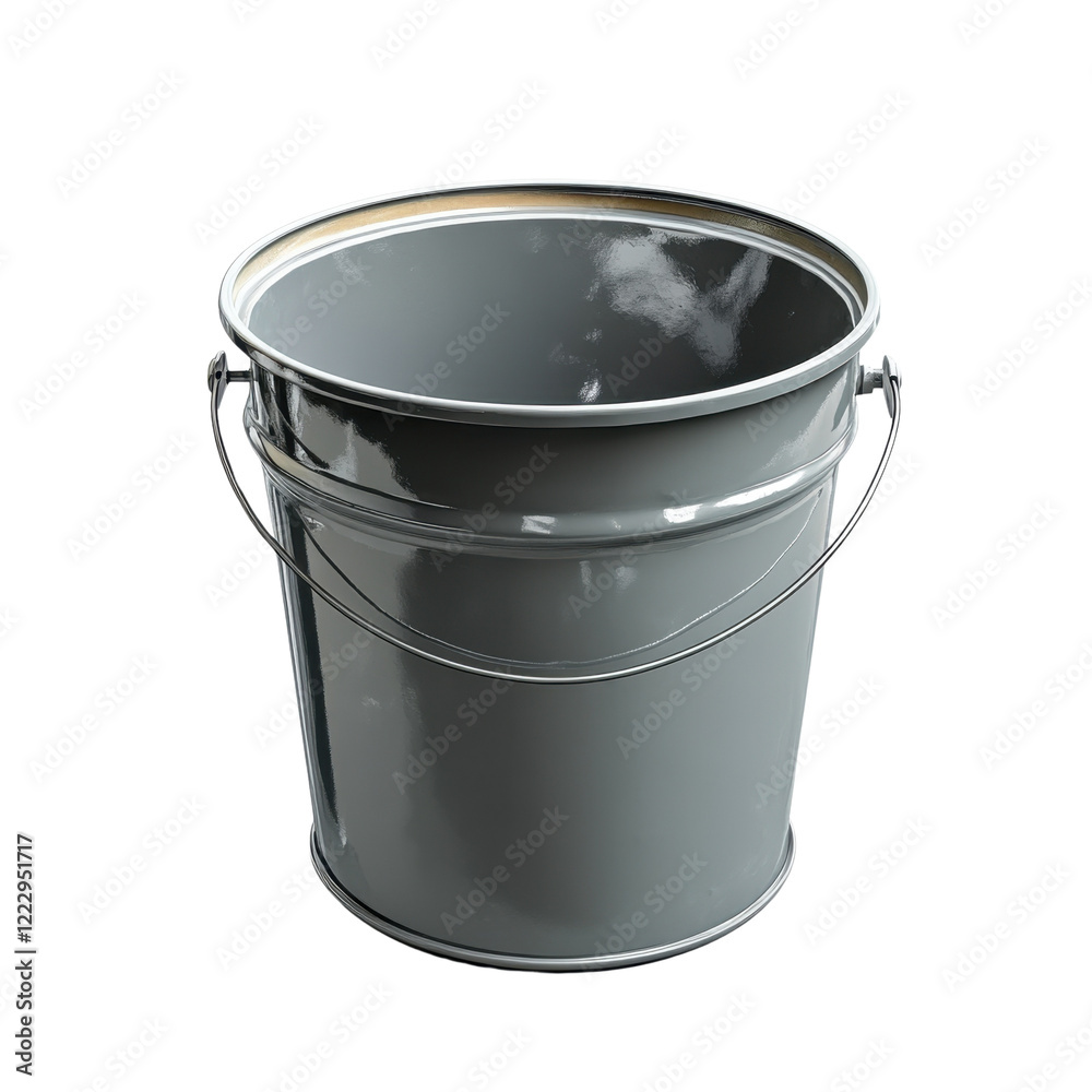 A simple, metallic bucket with a handle, featuring a smooth, shiny surface and a classic round shape. A simple, metallic bucket with a handle, featuring a smooth, shiny surface and a classic round shape.