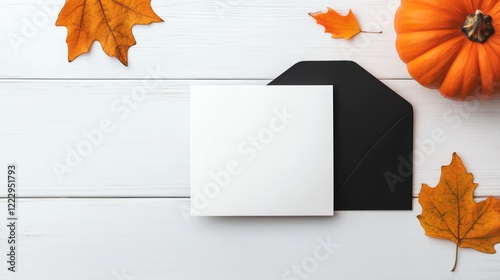 Autumn Greeting Card Mockup with Blank Card Black Envelope Orange Pumpkin and Fall Leaves on White Wooden Background photo