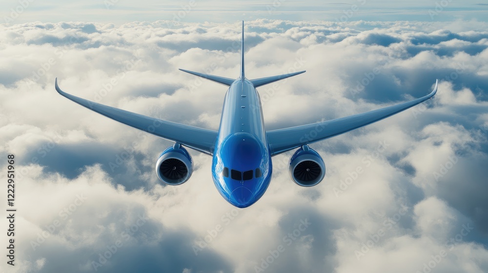 Fototapeta premium Blue passenger jet soaring above fluffy white clouds in a clear sky with ample empty space for text and advertisements.