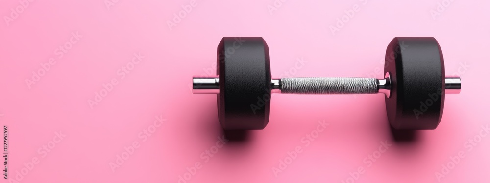 Black dumbbell on vibrant pink background ideal for fitness and wellness themes with ample space for adding custom text or branding elements. Black dumbbell on vibrant pink background ideal for fitness and wellness themes with ample space for adding custom text or branding elements.
