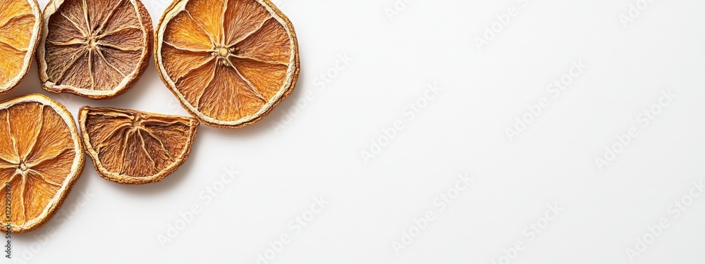 Dried orange slices with cinnamon and anise on white background featuring ample copy space for text and design elements Dried orange slices with cinnamon and anise on white background featuring ample copy space for text and design elements