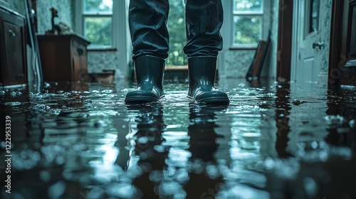 The image captures a person in black boots standing in a hallway filled with water, evoking emotions of uncertainty and the aftermath of a flooding event.