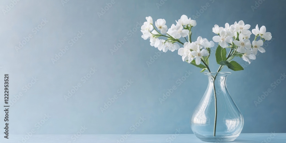 Elegant glass vase filled with white flowers on a soft blue background with ample space for your text or message Elegant glass vase filled with white flowers on a soft blue background with ample space for your text or message