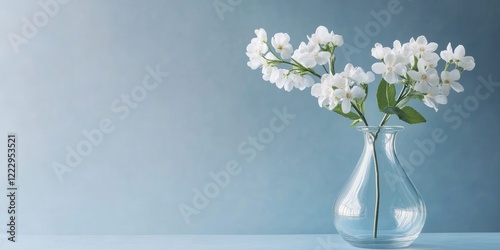 Elegant glass vase filled with white flowers on a soft blue background with ample space for your text or message