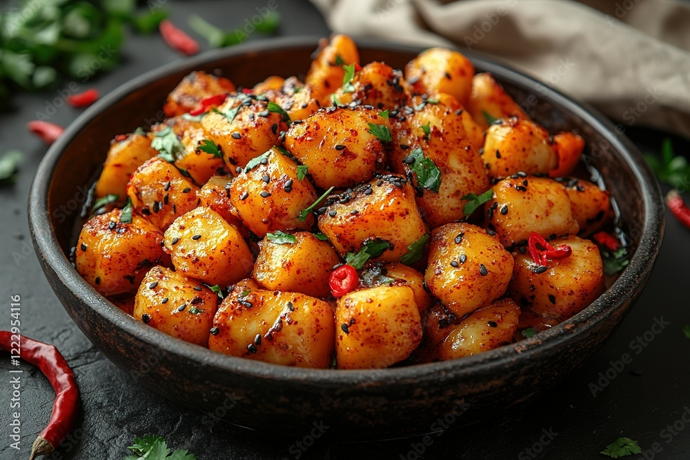 Spicy roasted potato cubes seasoned with sesame seeds and chili flakes Spicy roasted potato cubes seasoned with sesame seeds and chili flakes