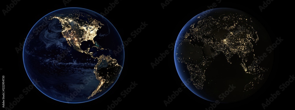 Obraz premium Earth from Space Split View Day and Night with Dark Background Empty Copy Space for Text and Call to Action