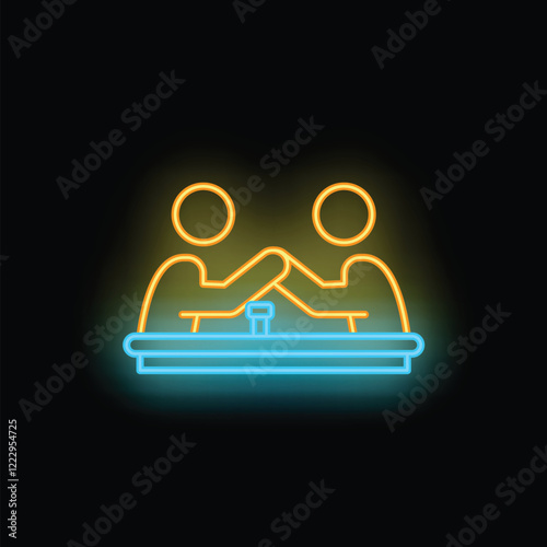 Neon sign of two people competing in an arm wrestling match