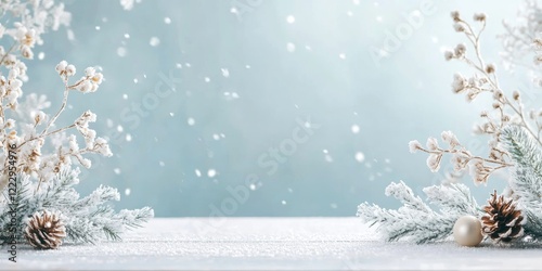 Winter-themed dining table elegantly arranged with snow accents and copy space for seasonal text or messages. photo