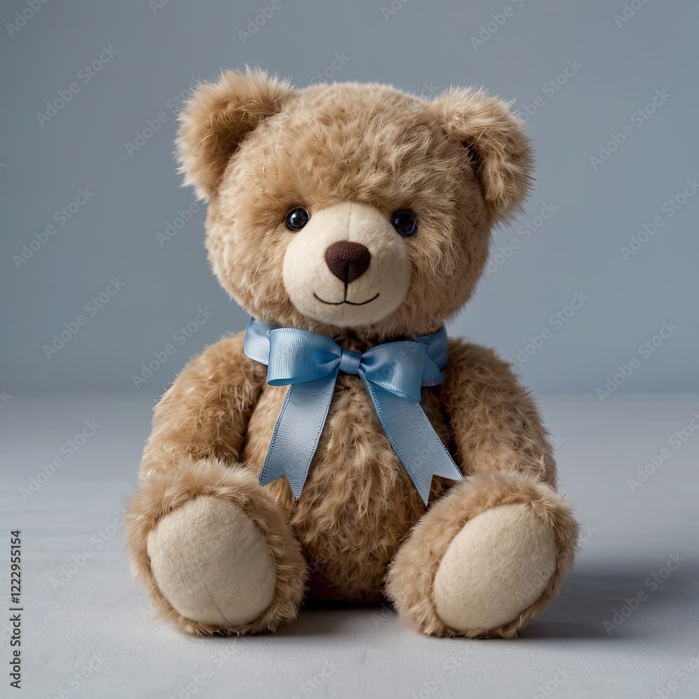 Fototapeta premium The teddy bear has large round eyes, a stitched smile, and a small red bowtie around its neck. Its paws are detailed with lighter-colored pads 