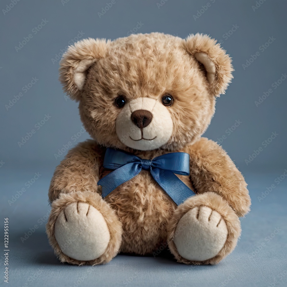 Fototapeta premium The teddy bear has large round eyes, a stitched smile, and a small red bowtie around its neck. Its paws are detailed with lighter-colored pads 
