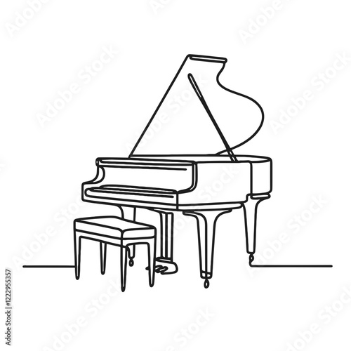 Grand piano, vector, black line drawing, minimalistic, single line, simple line, isolated, transparent background