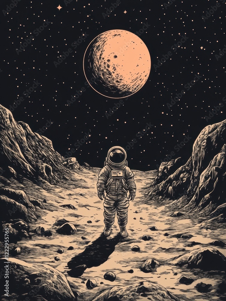 Obraz premium Astronaut Standing on Alien Landscape Beneath Starry Sky