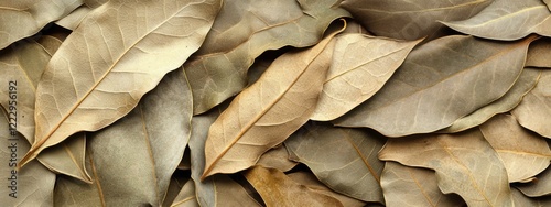 Dried bay laurel leaves arranged background with ample empty space for text and design elements suitable for culinary or herbal themes