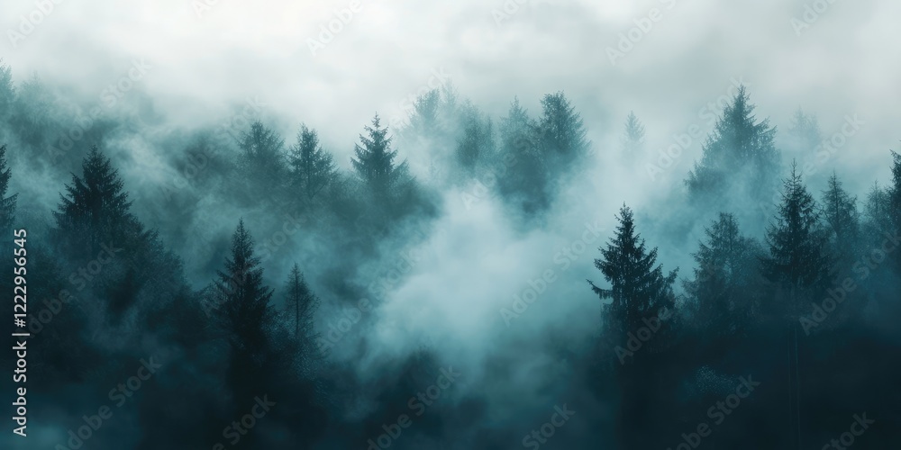 Mysterious forest shrouded in mist with rising smoke creating an atmospheric backdrop perfect for adding text or graphic elements Mysterious forest shrouded in mist with rising smoke creating an atmospheric backdrop perfect for adding text or graphic elements