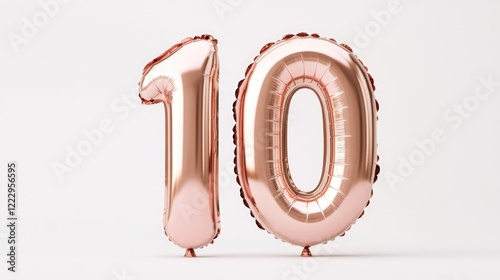 Rose Gold Inflatable Number 10 Balloon Isolated on White Ideal for Party Decoration Anniversary Sign Celebrations Events and Promotions
