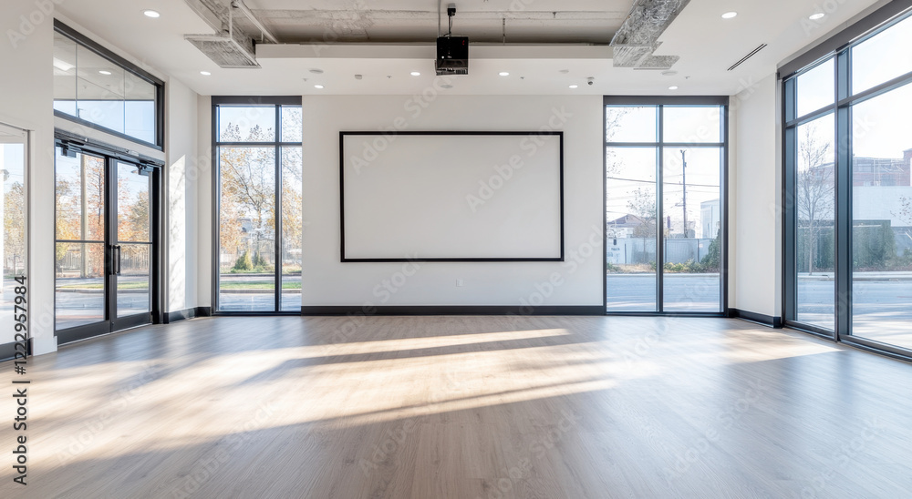 Empty office space with large windows and wooden flooring ideal for modern workplaces or events Empty office space with large windows and wooden flooring ideal for modern workplaces or events