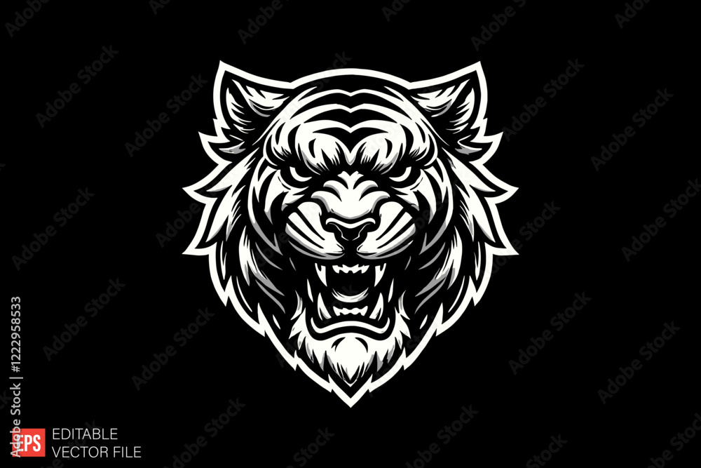 Fototapeta premium Tiger Head Black and white silhouette Illustration vector design