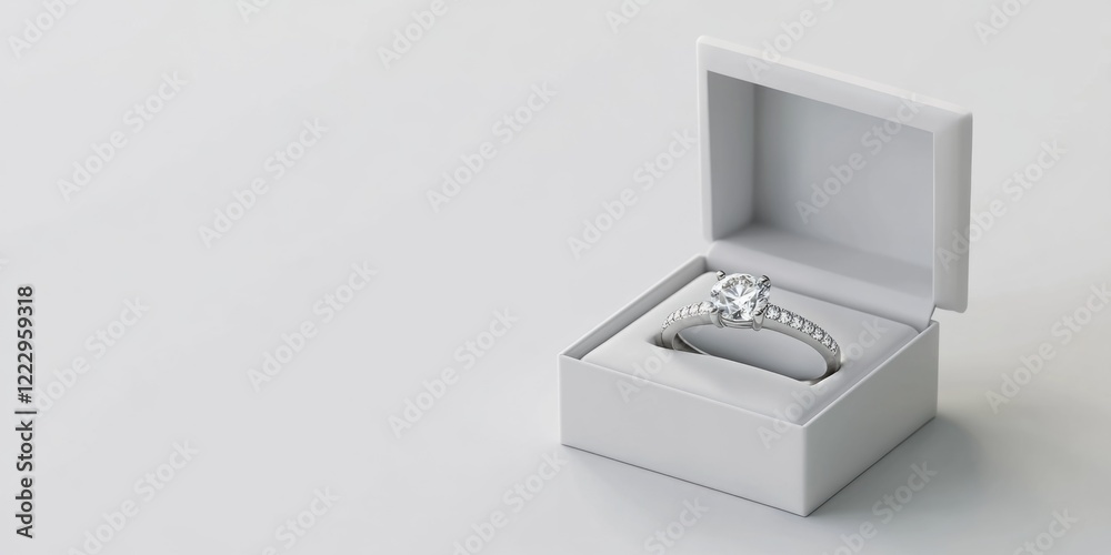 Elegant Engagement Ring Displayed in a White Box with Copy Space for Personalized Text and Wedding Proposals