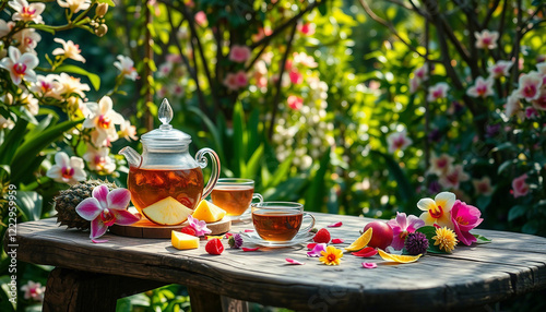 A scenic arrangement of tea, tropical fruits, and vibrant flowers displayed outdoors amid a lush garden setting. The image evokes a sense of relaxation, tropical vacation vibes, and serene natural bea photo