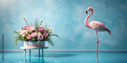 Pink flamingo in studio sitting on pedestal with legs crossed, surrounded by artificial flowers and a small pool of water , artificalflowers, studio photo