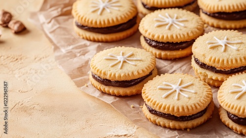 Festive chocolate and vanilla cookies with lemon filling arranged on decorative paper against a vibrant background for text placement.