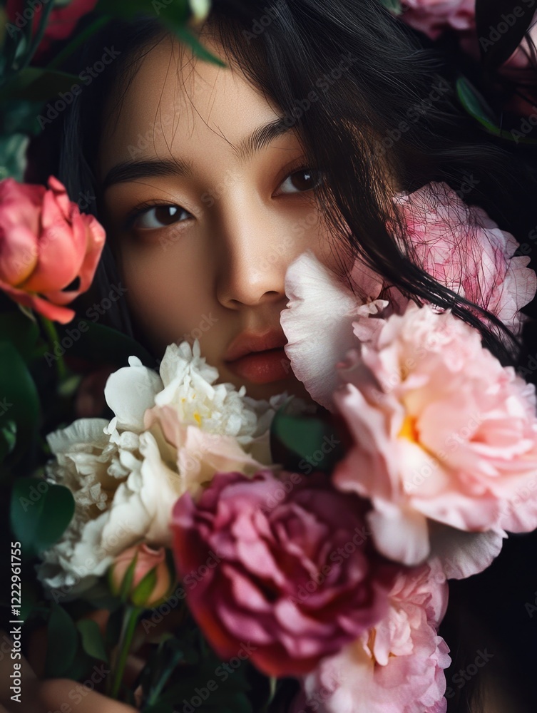 Naklejka premium Woman hiding behind flower bouquet