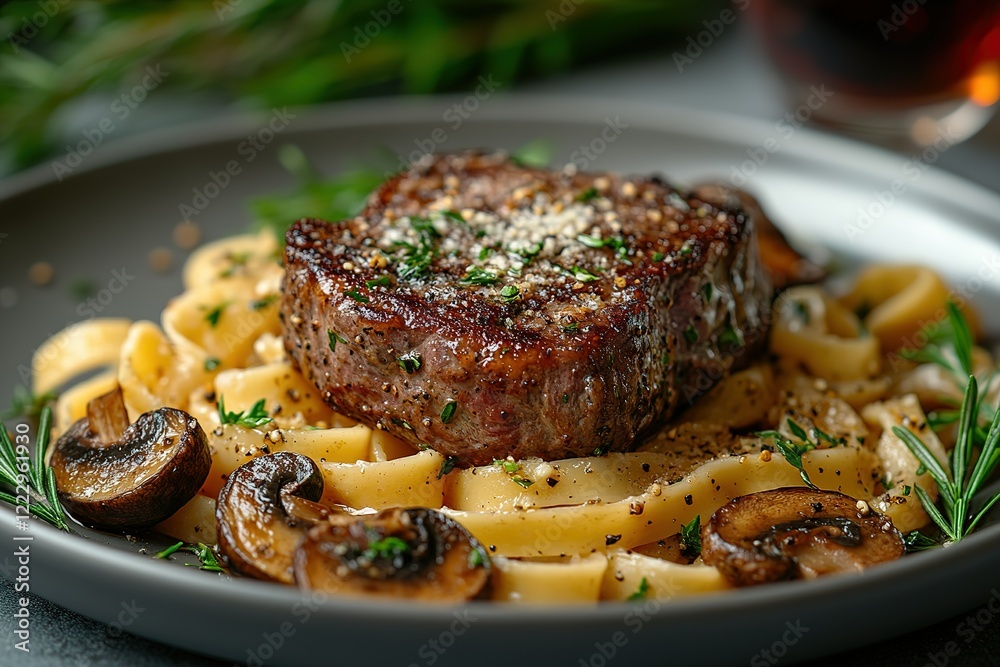 Seared steak rests atop creamy pasta and sauteed mushrooms a delicious and elegant meal
