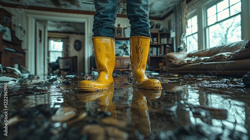 A person in vibrant yellow boots stands resolutely in a flooded living area, emphasizing resilience amidst chaos and the emotional toll of natural disasters on homes and families. photo