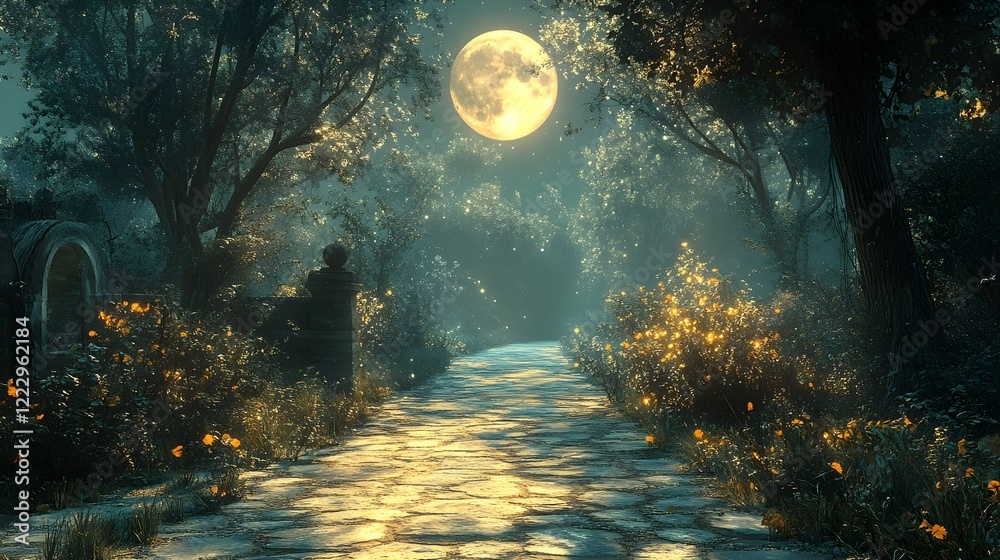 A background of moonlight casting long shadows in a quiet garden. A background of moonlight casting long shadows in a quiet garden.