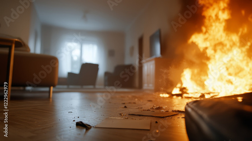 close up shot of burning furniture in living room, showcasing flames and debris. scene evokes sense of urgency and danger. ,Insurance