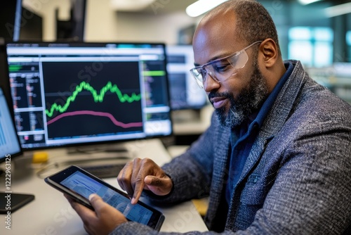 Scientist in lab coat analyzing data on a tablet, surrounded by lab equipment, minimalistic setting