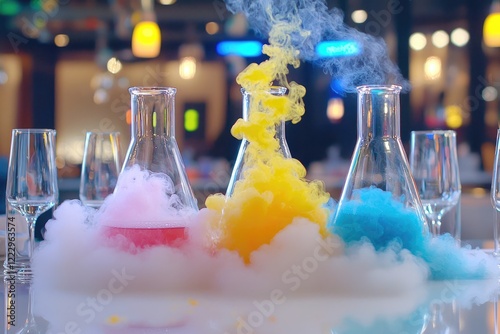 Innovative experiment with colorful chemical reactions in flasks, emphasizing scientific curiosity, plain background