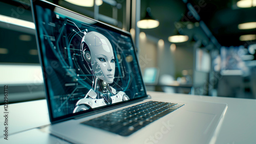 Female beautiful robot on the screen, AI generated