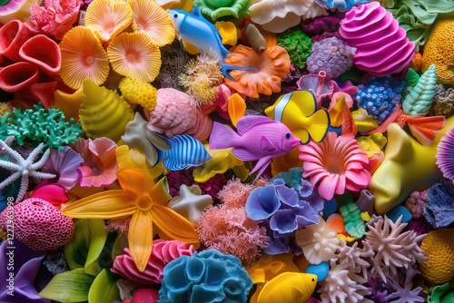 close-up of a diverse coral reef ecosystem thriving with marine life, showcasing colorful fish, seaweed, and coral structures