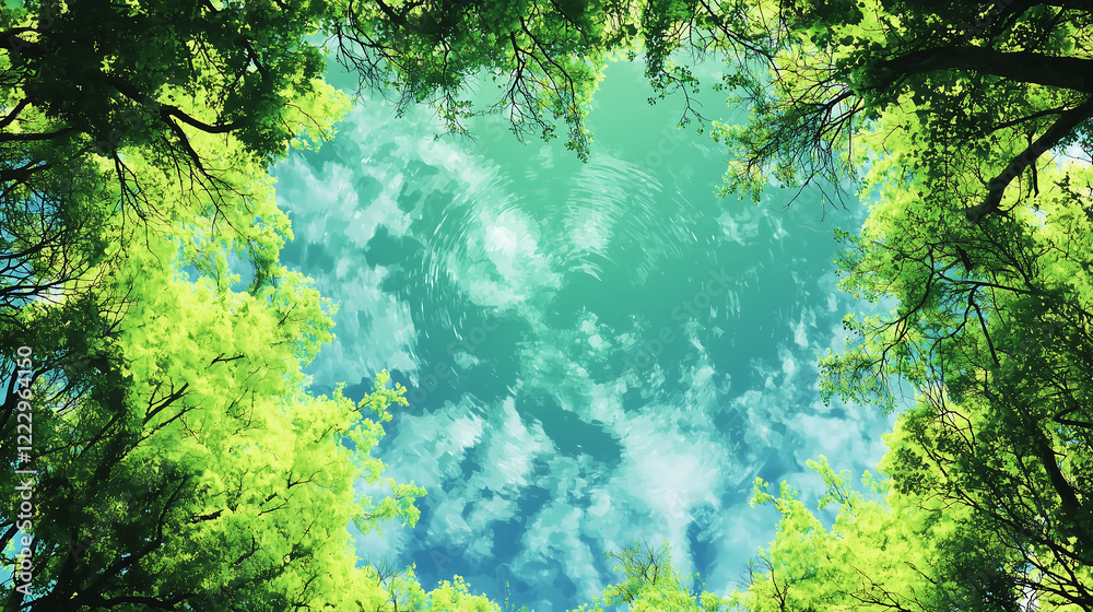 serene view of clear blue sky surrounded by lush green trees, creating peaceful atmosphere. reflection on water adds to tranquility of nature serene view of clear blue sky surrounded by lush green trees, creating peaceful atmosphere. reflection on water adds to tranquility of nature