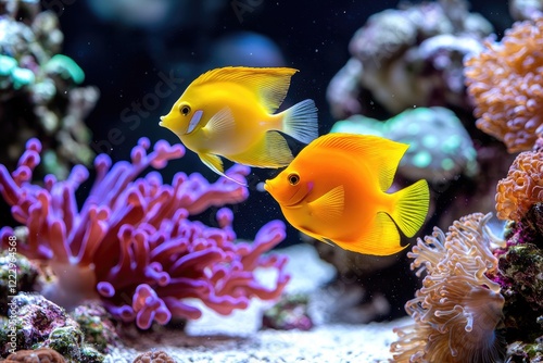 close-up of a diverse coral reef ecosystem thriving with marine life, showcasing colorful fish, seaweed, and coral structures