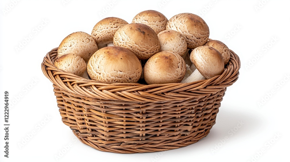 Freshly Gathered Brown Mushrooms in a Rustic Woven Basket Display Freshly Gathered Brown Mushrooms in a Rustic Woven Basket Display