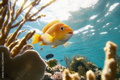 close-up of a diverse coral reef ecosystem thriving with marine life, showcasing colorful fish, seaweed, and coral structures