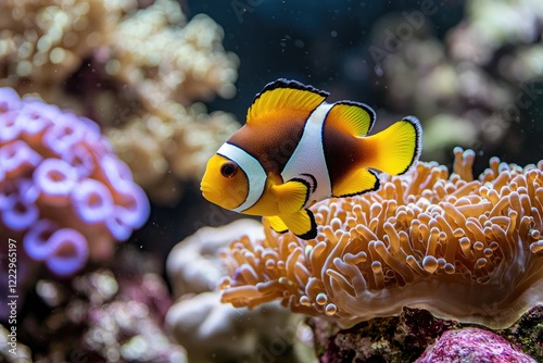 close-up of a diverse coral reef ecosystem thriving with marine life, showcasing colorful fish, seaweed, and coral structures