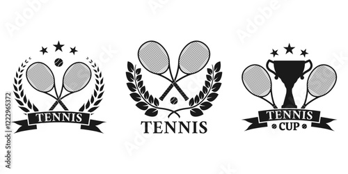 Tennis club logo, icon or badge set with crossed rackets, tennis ball and trophy cup. Sport symbol design. Vector illustration.