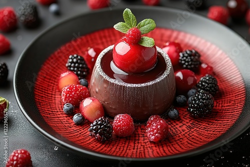 A decadent chocolate dessert topped with a glistening red fruit sphere and surrounded by fresh berries