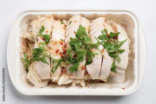 Lump Crab Meat in Plastic Box for Delivery. Top-View of Steamed Seafood Ready-to-Eat Meal. Isolated Disposable Container of Healthy Thai Style Crab Leg Meat