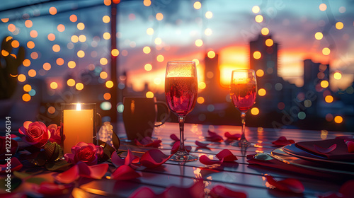 Romantic Rooftop Dinner with City Skyline and Sunset Glow