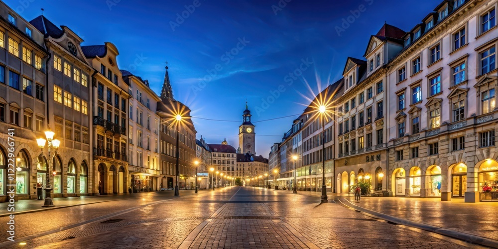 Fototapeta premium Darkened city street with streetlights and illuminated buildings in Munich's Innenstadt at night , panorama, innenstadt