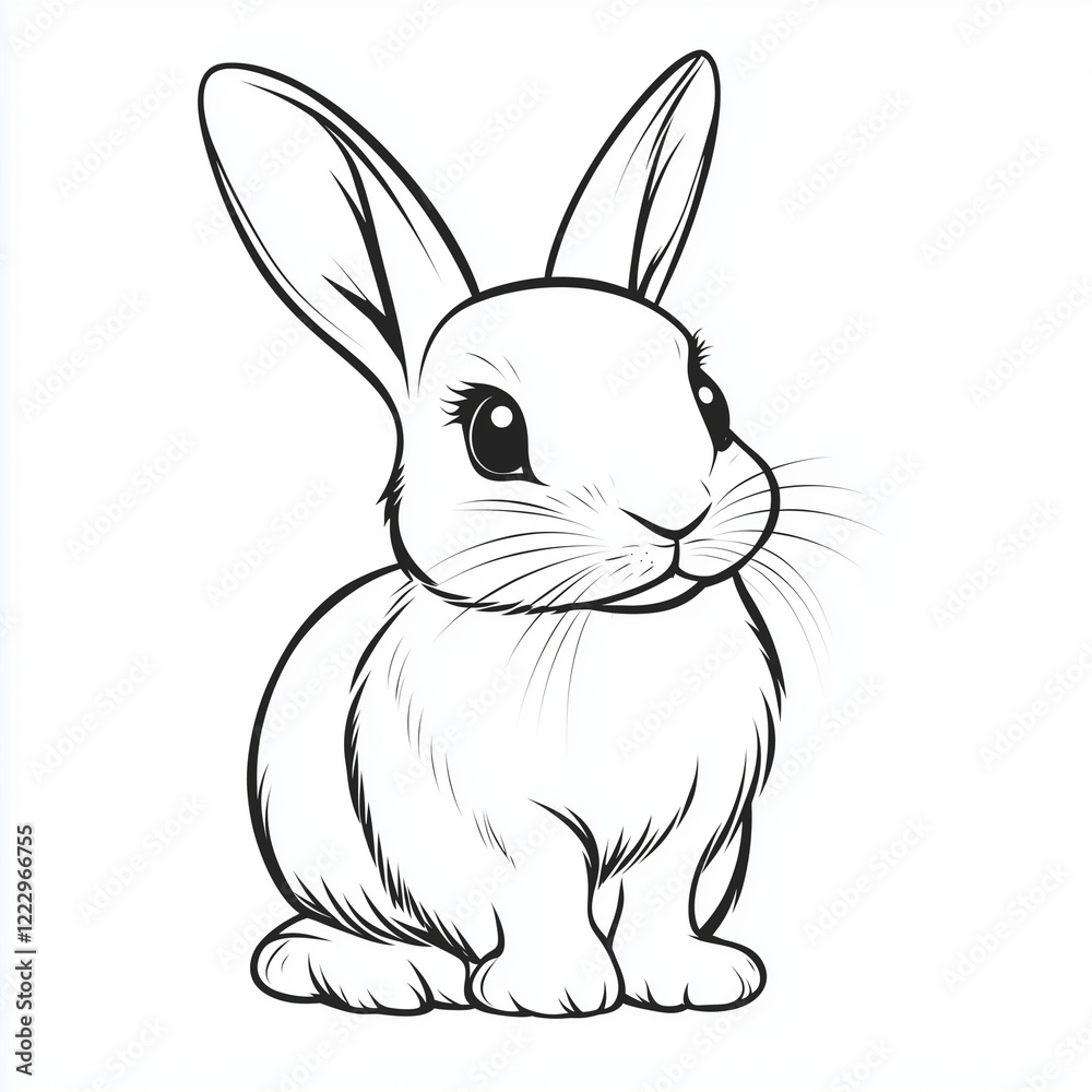 Simple line drawing of a Californian rabbit full body on a white background, Simple line drawing of a Californian rabbit full body on a white background,