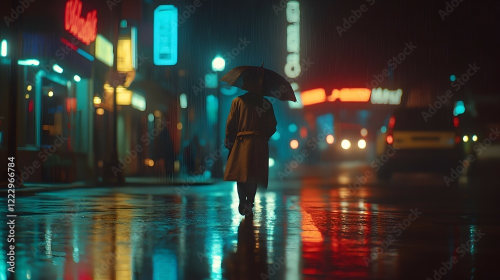 Obraz premium Man walks alone under an umbrella on a rainy night in a vibrant urban setting