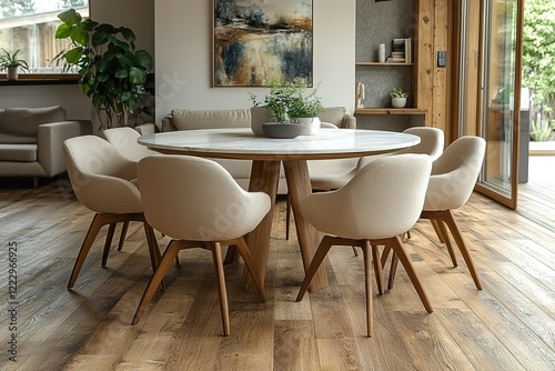 Modern dining room with a marble table and light beige chairs The room features hardwood floors and large windows photo