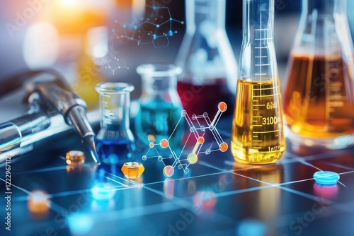 chemical elements on a periodic table, surrounded by laboratory tools and vibrant liquids
